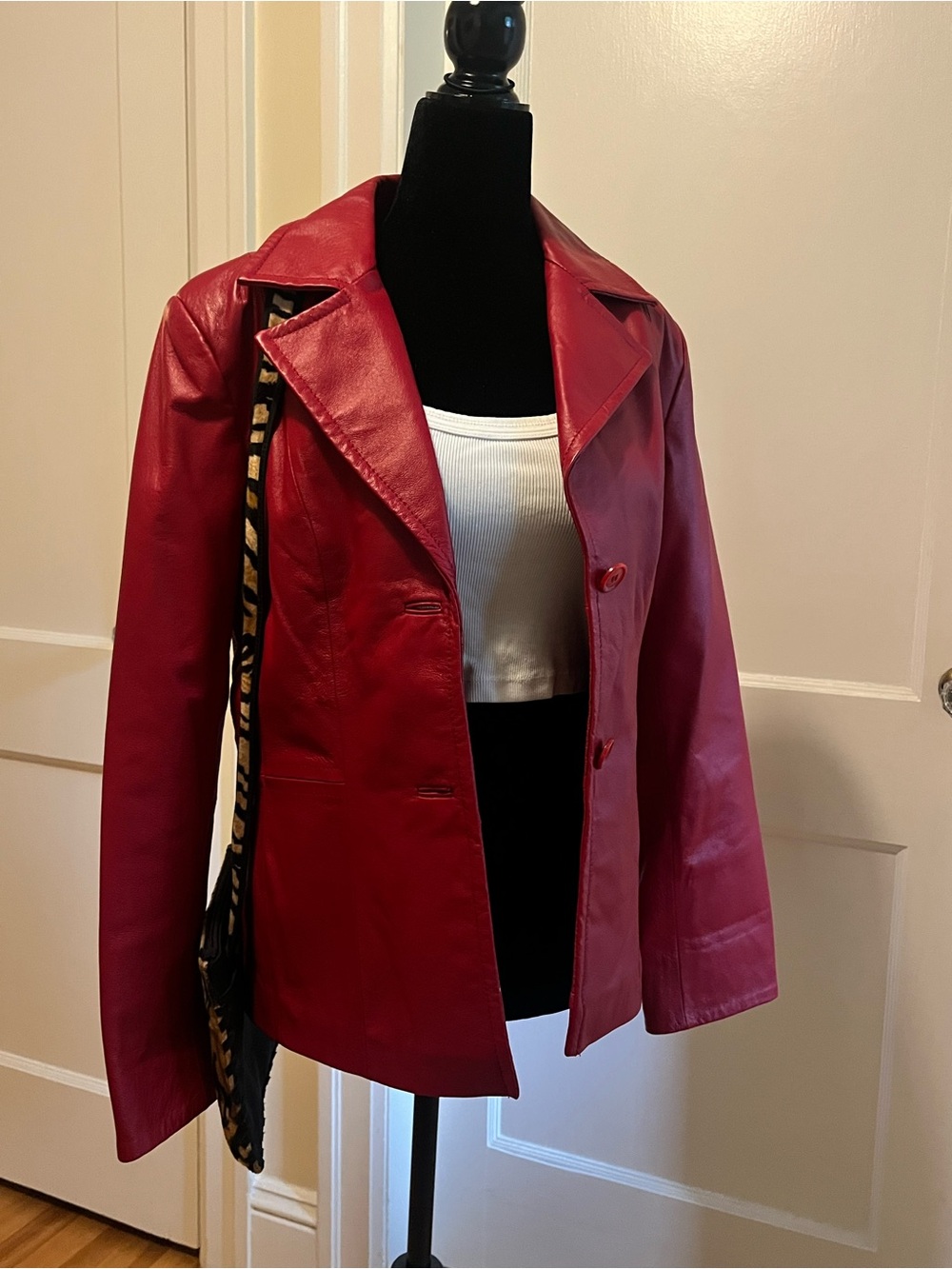 Women's Red Leather Button-Front Jacket